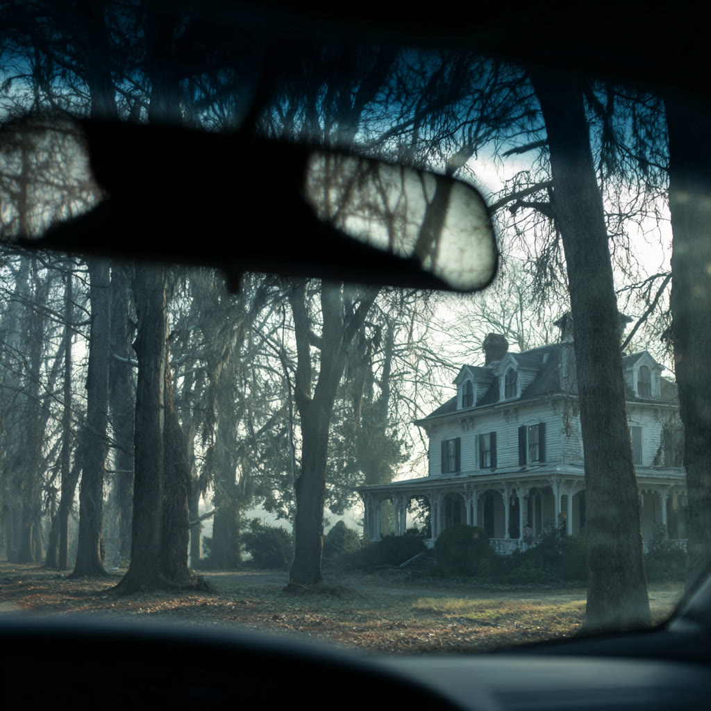 Old Victorian house seen through a car windshield