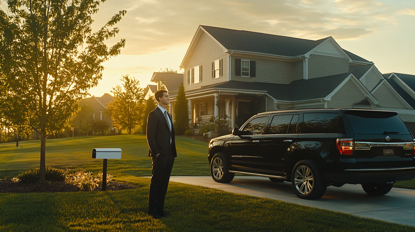 Real estate agent at suburban driveway, golden hour