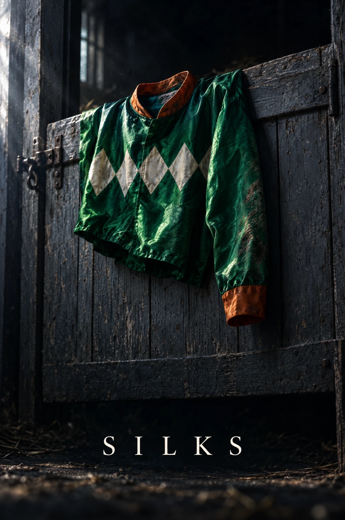 SILKS — a mud-spattered green and cream racing silk hanging on a weathered stable door