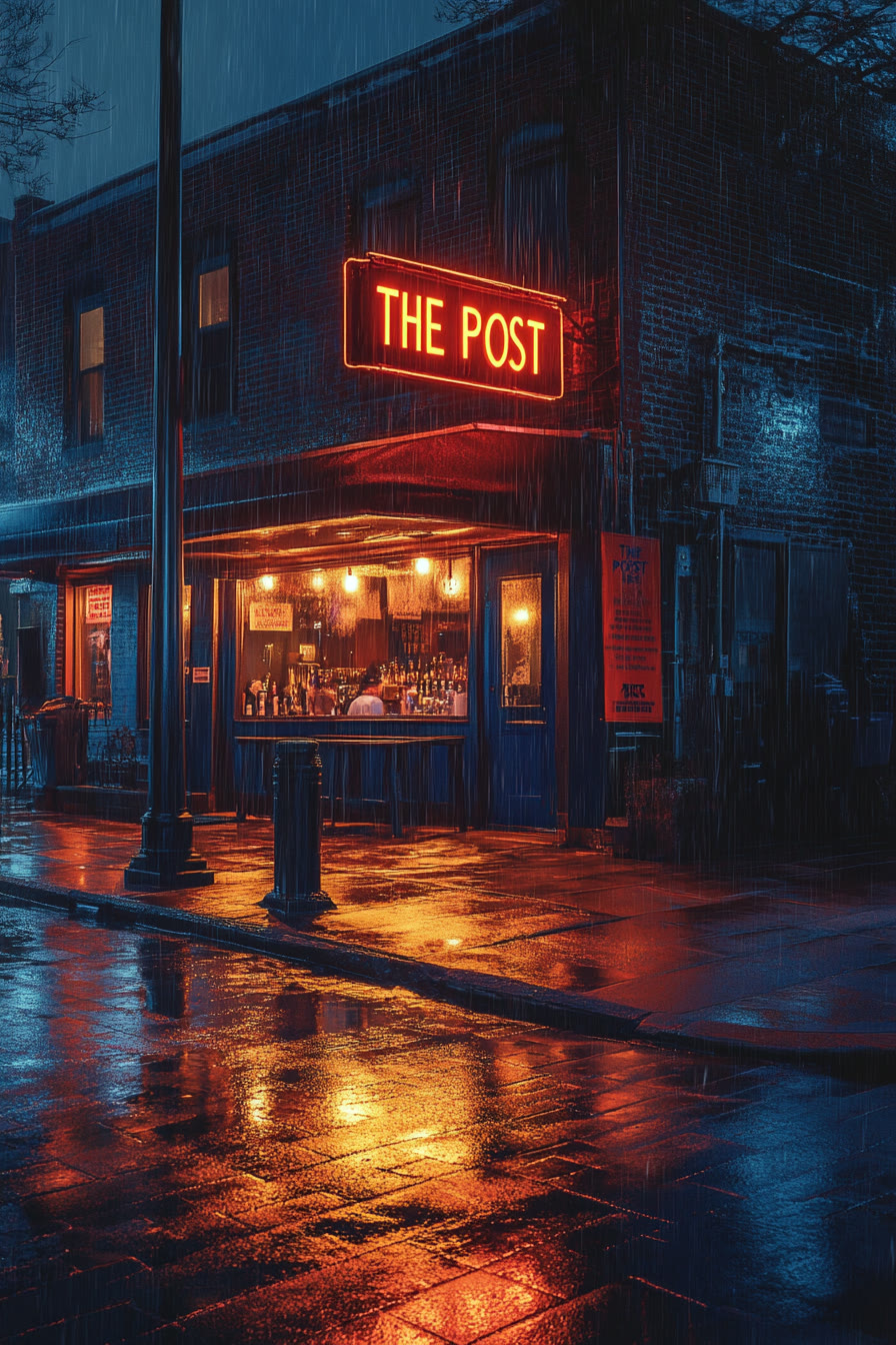 The Post — neon-lit corner bar in the rain at night
